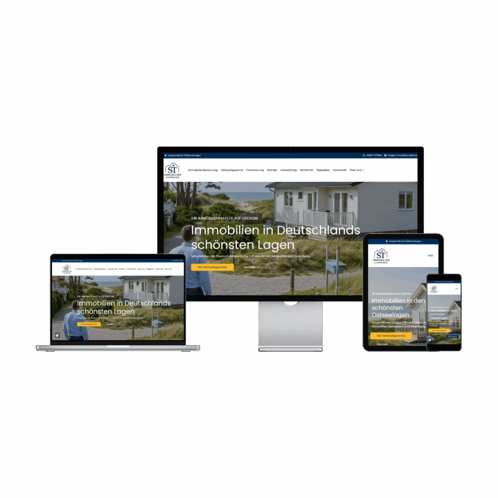 Beispiel einer responsiven Webdesign-Lösung, die eine Immobilien-Website auf einem Desktop-Monitor, einem Laptop, einem Tablet und einem Smartphone darstellt.